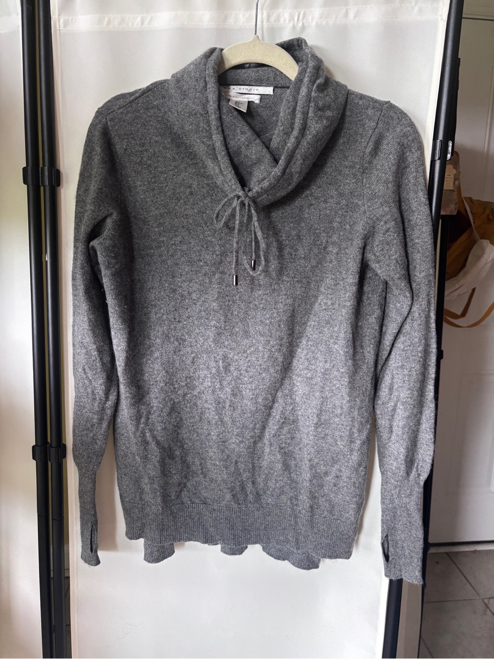 Max Studio Charcoal Gray 100% Cashmere Cowl Neck Drawstring Sweater